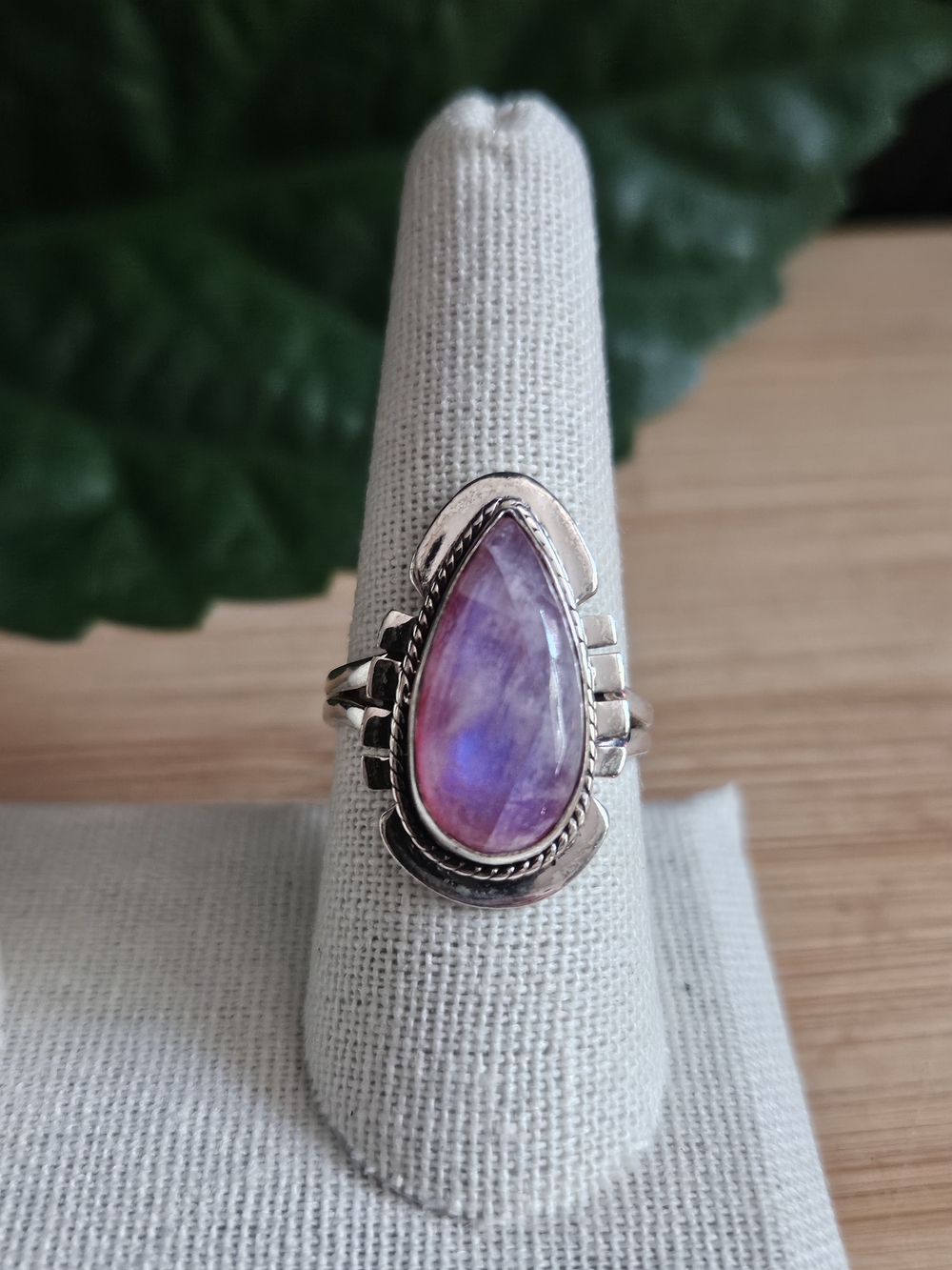 Sterling Silver Teardrop Pink Moonstone  Ring  Size 8 3/4